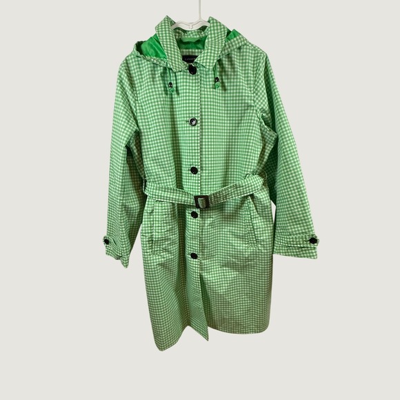 Lands' End Jackets & Blazers - Lands End Green Gingham Hooded Raincoat Trench Belted Plus Size 1X 16W-18W